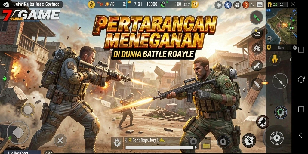 Screenshot utama 7GAME menampilkan aksi mendebarkan di medan perang.