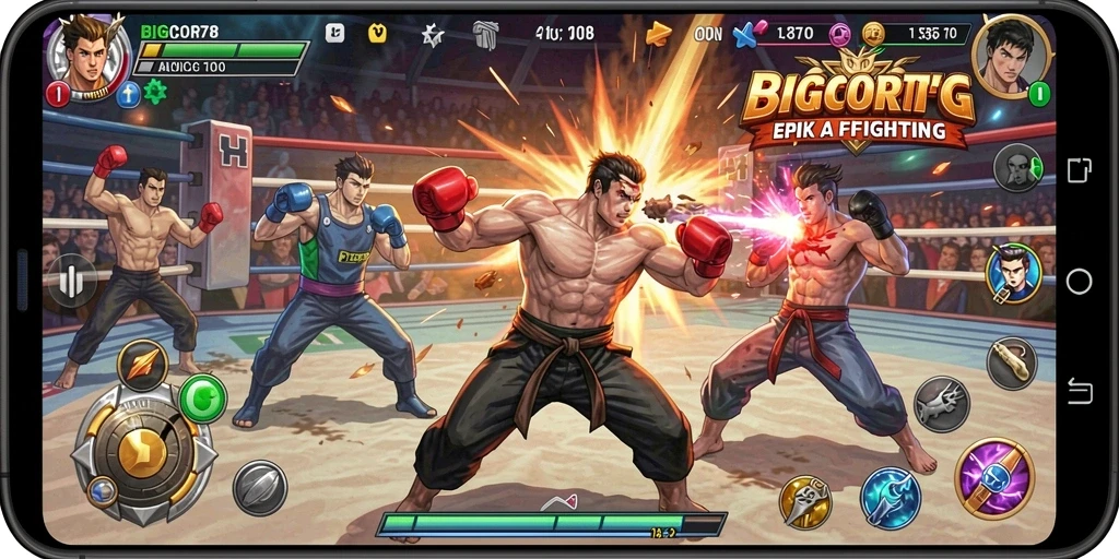Screenshot utama BIGCOR78 menampilkan aksi pertarungan yang seru dan karakter yang kuat.