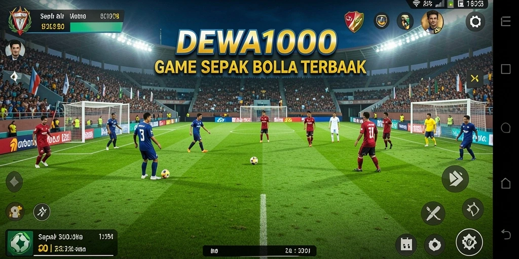 Tangkapan layar DEWA1000 yang menampilkan aksi seru di lapangan sepak bola.