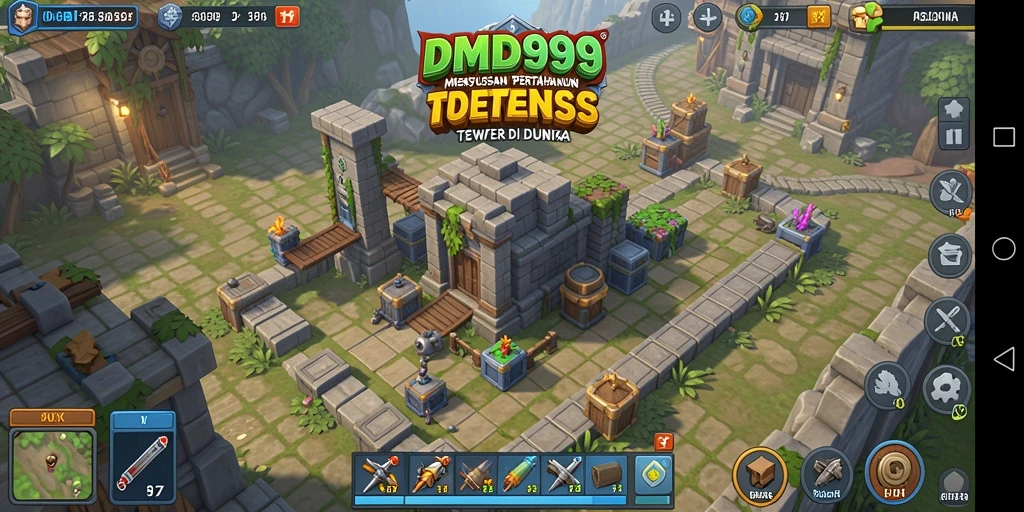 Screenshot DMD999 menunjukkan strategi menara canggih dalam Tower Defense.