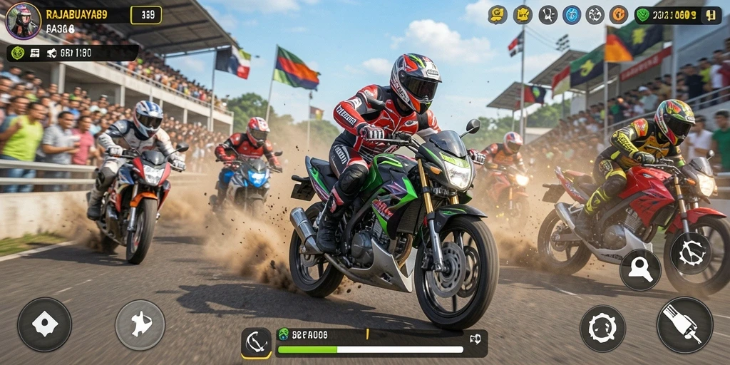 Screenshot gameplay motor racing yang mendebarkan di RAJABUAYA89.