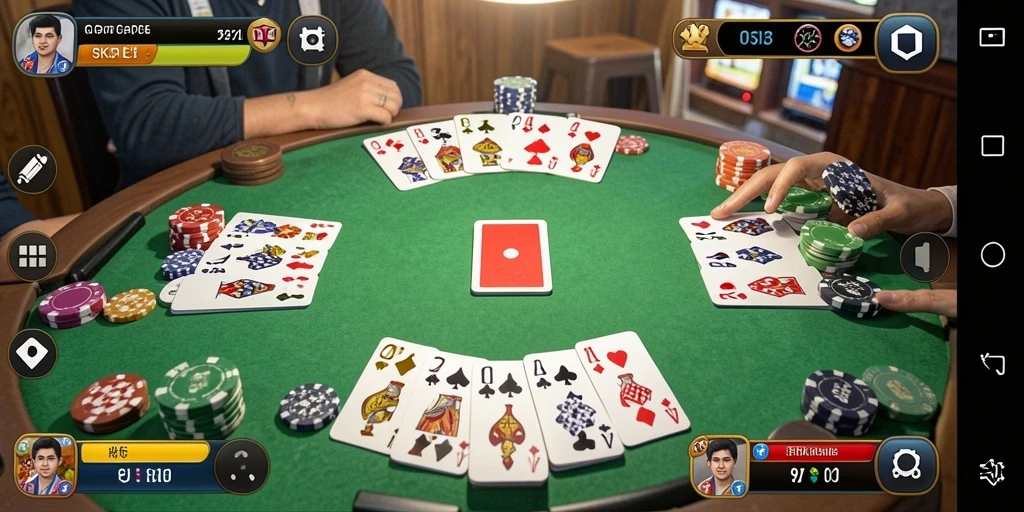 Screenshot gameplay RK55 menunjukkan suasana permainan Gaple yang seru.