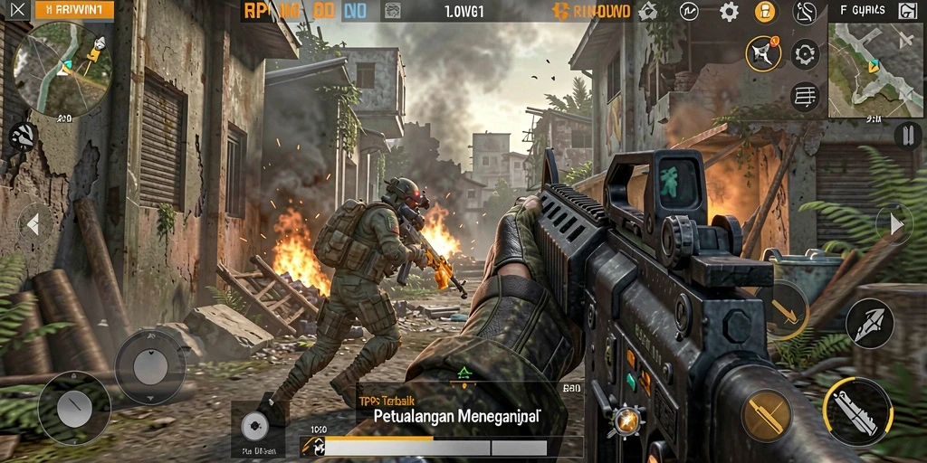 Tampilan gameplay menegangkan dari RPWIN1 dengan aksi tembak-menembak.