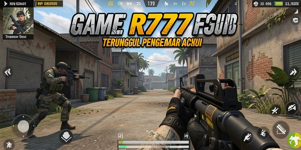 Screenshot gameplay RR777 menampilkan pertempuran mendebarkan dengan berbagai senjata.